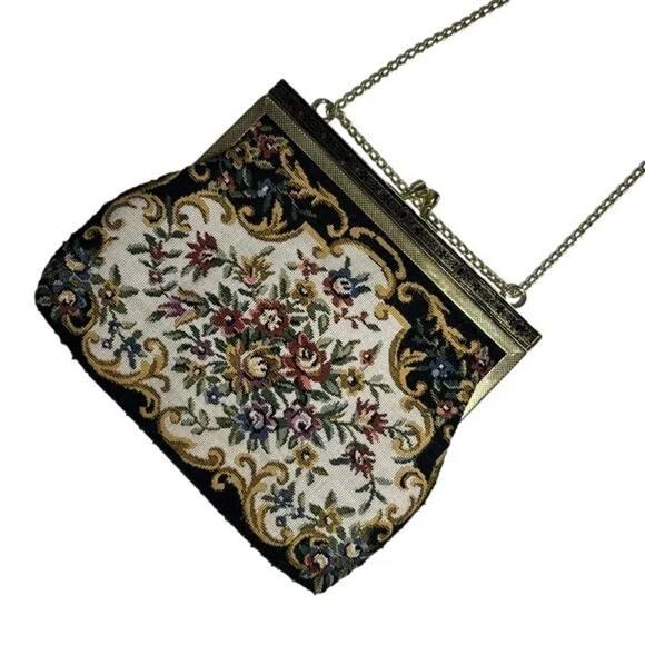 Charming Small Vintage Floral Tapestry Chain Kiss Lock Clutch Purse - Picture 1 of 5